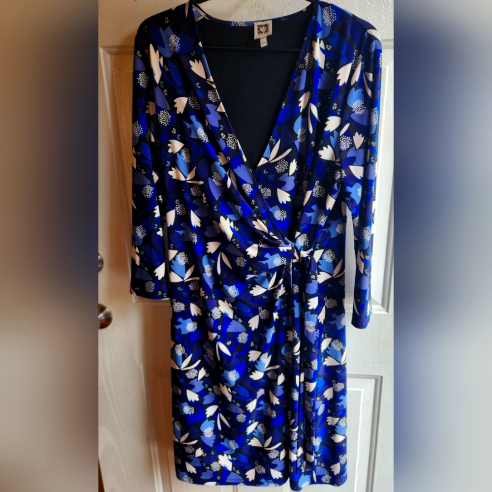 Anne Klein Size L Midi Dress Blue And White